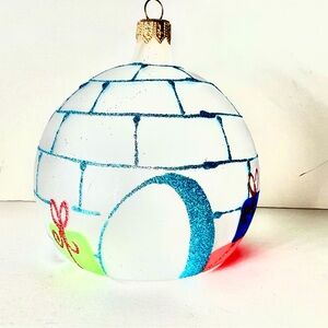 Italian Glass Christmas Ornament Frosted Igloo Mouth Blown Hand Painted